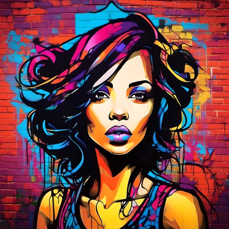 Street Art,Street Art, People, woman, 1girl, solo, makeup, lipstick, brick wall, multicolored hair