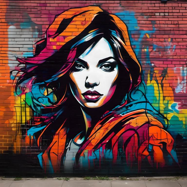 Street Art,Street Art, People, woman, 1girl, solo, hood, lips, looking at viewer, jacket, brick wall