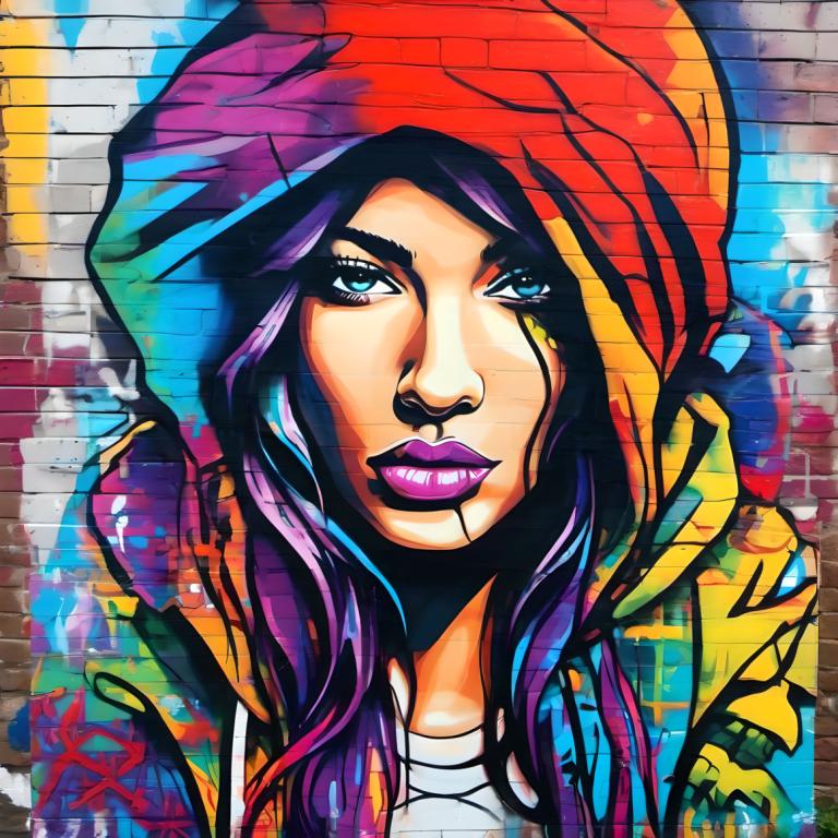 Street Art,Street Art, Mennesker, kvinne, solo, 1 jente, hette, lilla hår, lilla lepper, blå øyne, leppestift