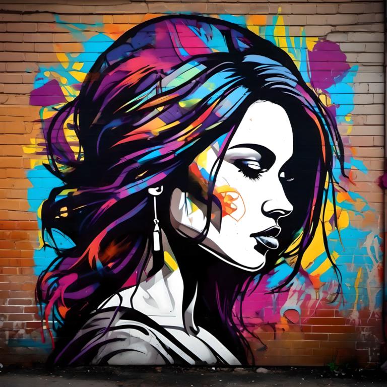 Street Art,Street Art, Mennesker, kvinde, 1 pige, solo, øreringe, makeup, flerfarvet hår, malingssprøjt