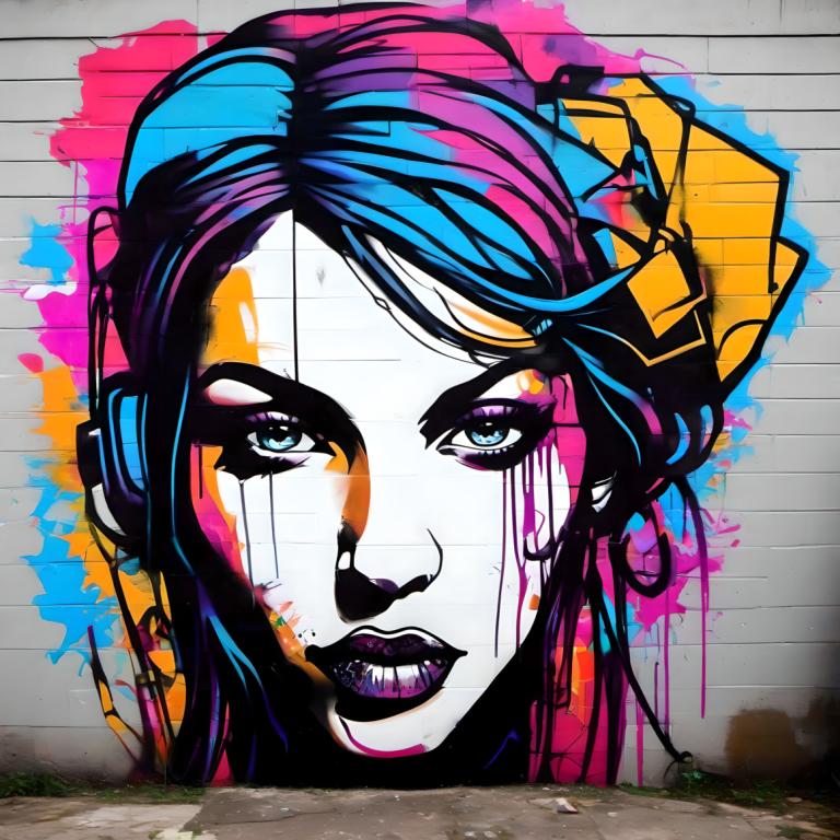 Street Art,Street Art, People, woman, 1girl, solo, makeup, paint splatter, blue eyes, blue hair, purple lips