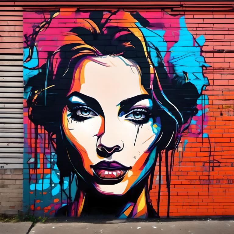 Street Art,Street Art, People, woman, solo, 1girl, looking at viewer, portrait, teeth, open mouth, blue eyes