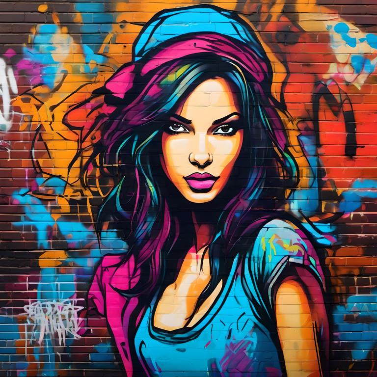 Street Art,Street Art, People, woman, 1girl, solo, graffiti, hat, makeup, multicolored hair, shirt