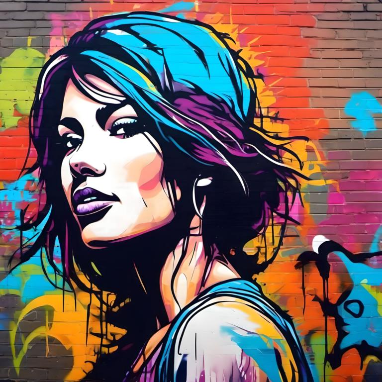 Street Art,Street Art, Mennesker, kvinde, 1 pige, solo, lilla læber, makeup, kort hår, flerfarvet hår