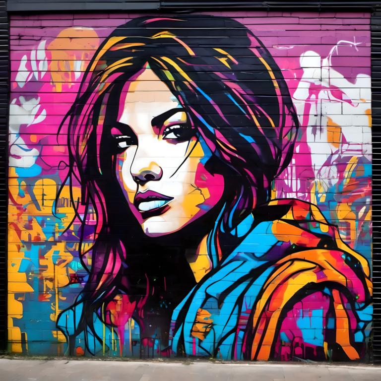 Street Art,Street Art, People, woman, 1girl, solo, jacket, traditional media, long hair, parted lips, makeup