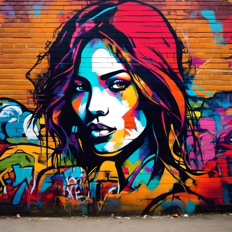 Street Art,Street Art, People, woman, solo, 1girl, colorful, graffiti, traditional media, looking at viewer