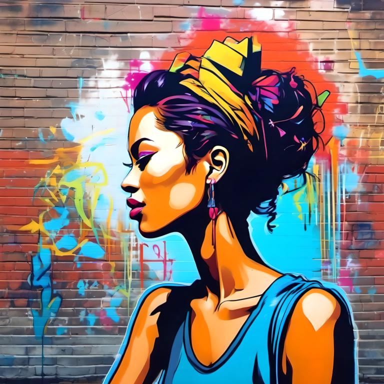 Street Art,Street Art, People, woman, 1girl, solo, earrings, jewelry, makeup, tank top, upper body, profile