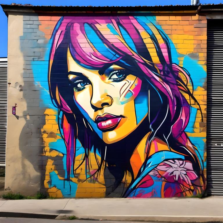 Street Art,Street Art, People, woman, 1girl, solo, traditional media, blue eyes, pink hair, multicolored hair