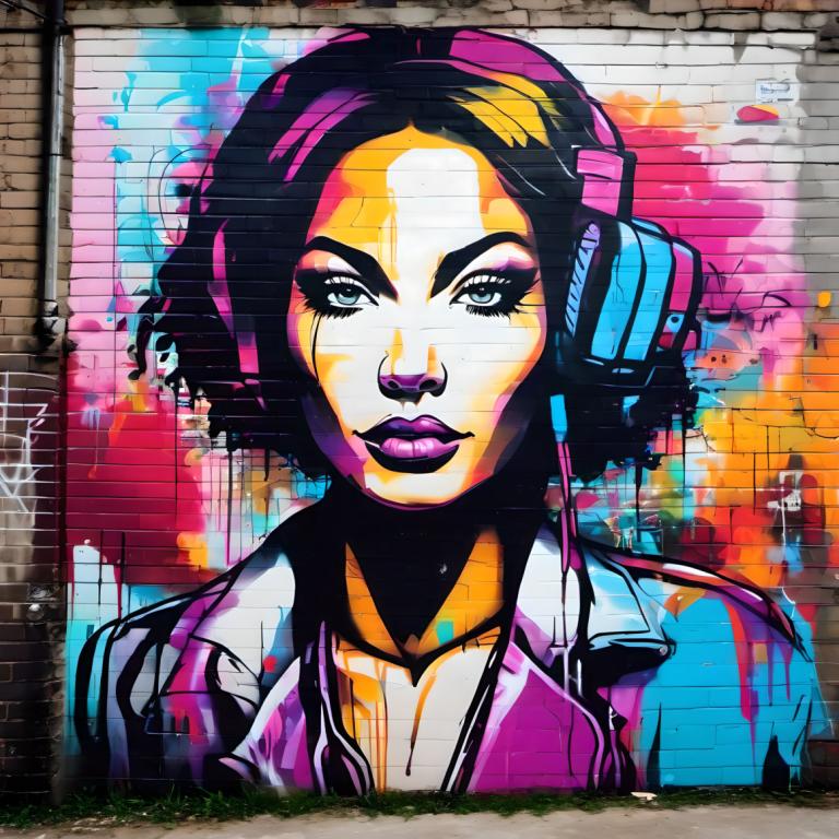 Street Art,Street Art, People, woman, 1girl, solo, headphones, traditional media, makeup, short hair