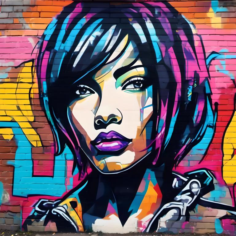 Street Art,Street Art, Mennesker, kvinde, 1 pige, solo, kort hår, makeup, portræt, næsepiercing, lilla læber