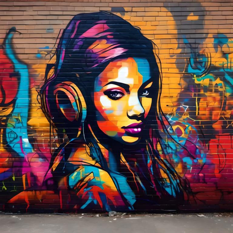 Street Art,Street Art, People, woman, 1girl, solo, graffiti, long hair, headphones, makeup, lipstick