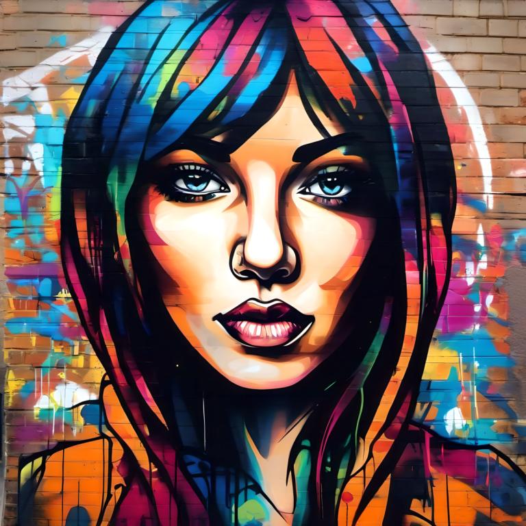 Street Art,Street Art, People, woman, 1girl, solo, blue eyes, looking at viewer, colorful, portrait, makeup