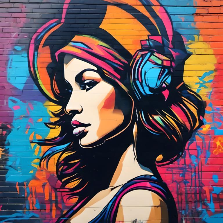 Street Art,Street Art, People, woman, 1girl, solo, colorful, profile, makeup, headphones, short hair