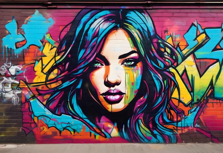 Street Art,Street Art, People, woman, 1girl, solo, makeup, blue hair, colorful, looking at viewer, lipstick