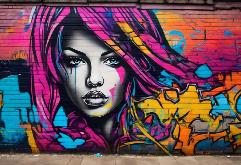 Street Art,Street Art, People, woman, 1girl, solo, colorful, traditional media, paint splatter, pink hair