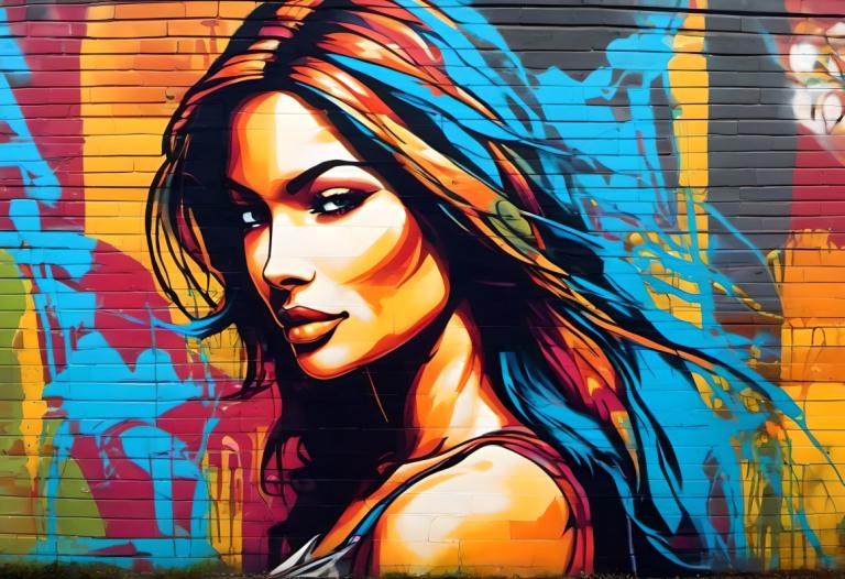 Street Art,Street Art, People, woman, 1girl, solo, long hair, multicolored hair, blue hair, looking at viewer