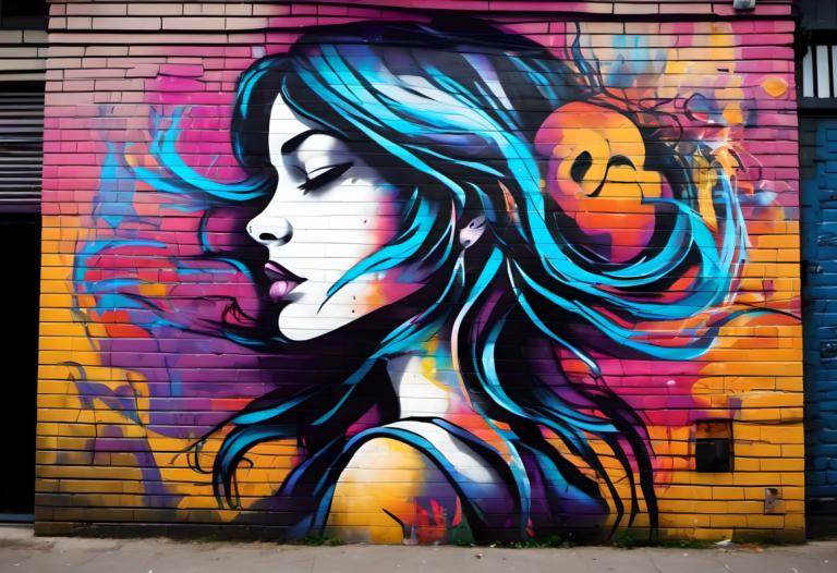 Street Art,Street Art, People, woman, 1girl, solo, traditional media, profile, closed eyes, colorful