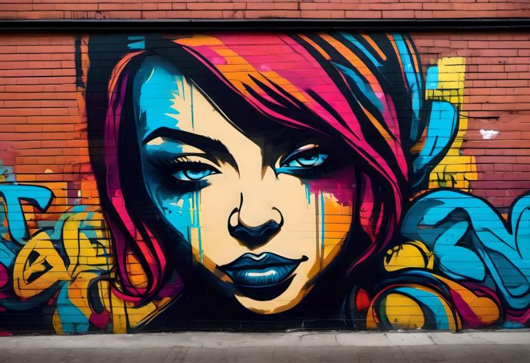 Street Art,Street Art, People, woman, 1girl, solo, makeup, pink hair, blue lips, blue eyes, multicolored hair