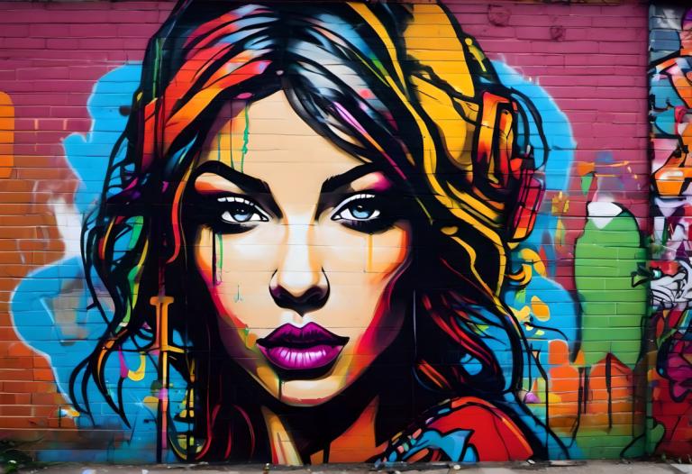 Street Art,Street Art, People, woman, 1girl, makeup, cross, lipstick, solo, purple lips, jewelry, headphones