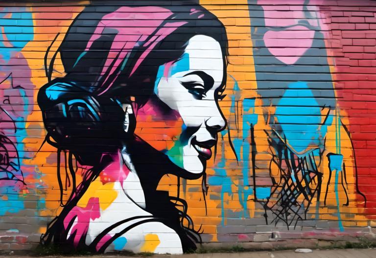 Street Art,Street Art, People, woman, 1girl, solo, graffiti, paint splatter, from side, profile, smile