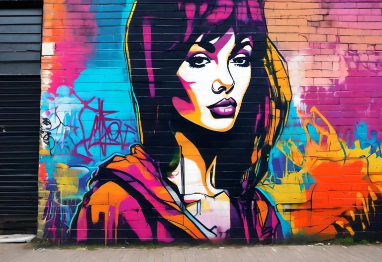 Street Art,Street Art, People, woman, 1girl, solo, traditional media, graffiti, long hair, hood, colorful