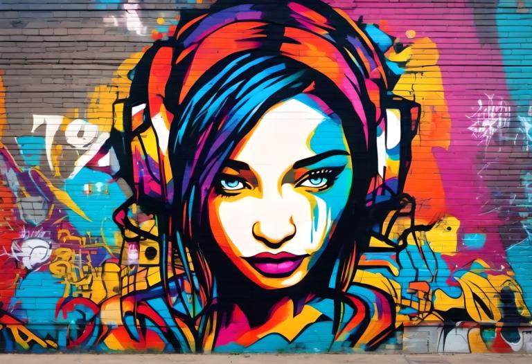 Street Art,Street Art, People, woman, 1girl, headphones, solo, traditional media, makeup, lips