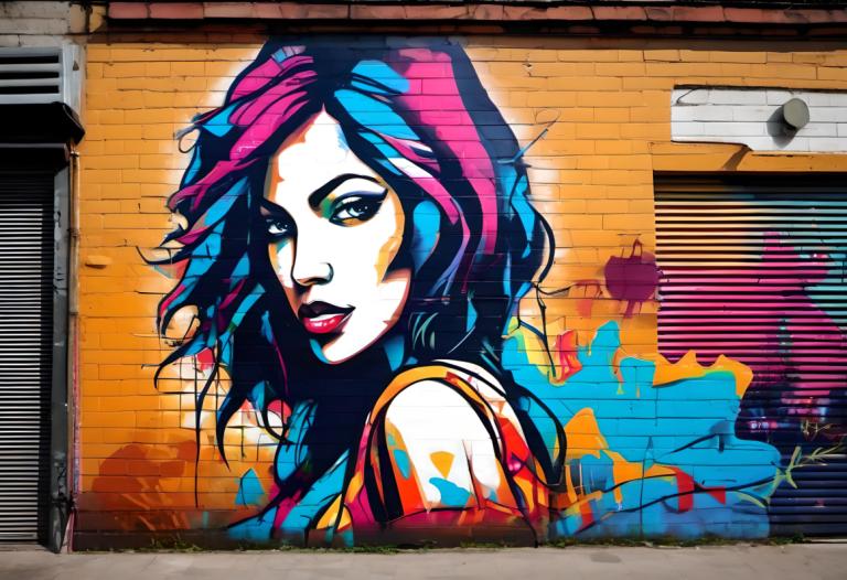 Street Art,Street Art, People, woman, 1girl, solo, multicolored hair, pink hair, traditional media, blue hair