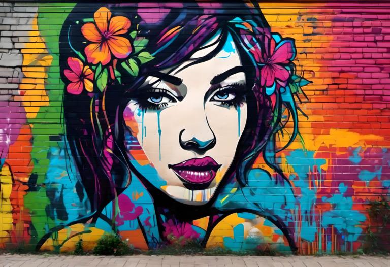 Street Art,Street Art, People, woman, 1girl, solo, colorful, flower, hair ornament, hair flower, makeup