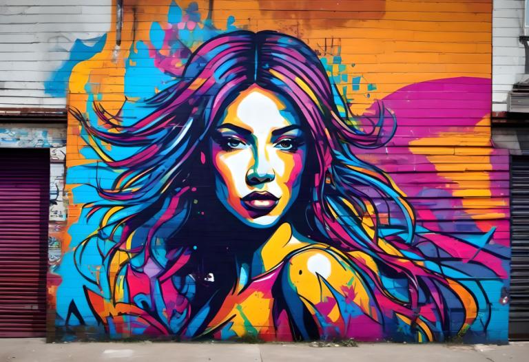 Street Art,Street Art, People, woman, 1girl, solo, traditional media, colorful, long hair, looking at viewer