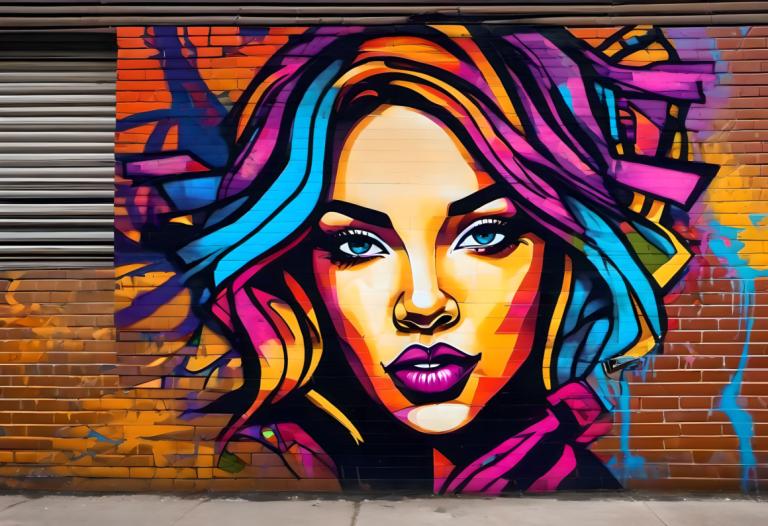 Street Art,Street Art, People, woman, 1girl, solo, multicolored hair, brick wall, blue eyes, makeup, lipstick