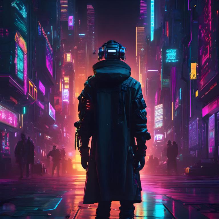 Cyberpunk,Cyberpunk, människor, man, cyberpunk, Science fiction, neonljus, natt, stad, bakifrån, stående