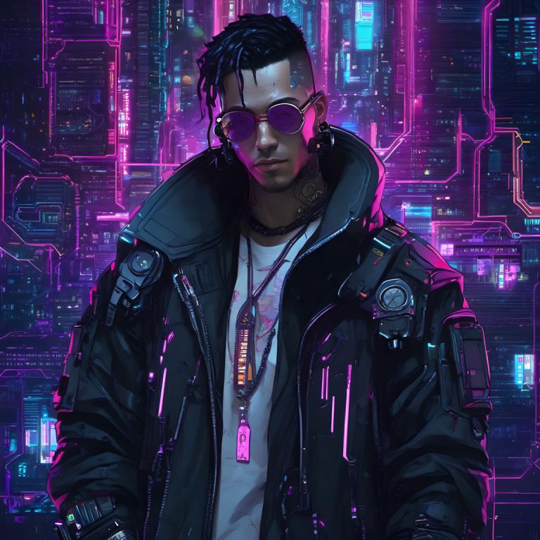 Cyberpunk,Cyberpunk, Rakyat, pria, jaket, 1 anak laki-laki, fokus pria, solo, tato, perhiasan, rambut hitam