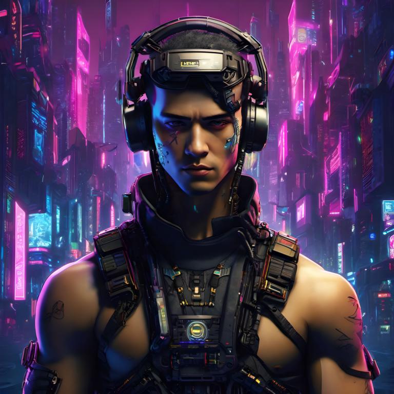 Cyberpunk,Cyberpunk, Menschen, Mann, 1Junge, männlicher Fokus, Solo, Cyberpunk, realistisch, Tätowierung