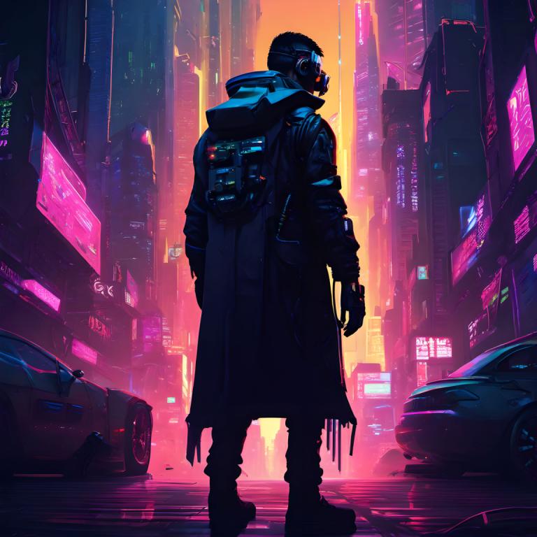 Cyberpunk,Cyberpunk, Menschen, Mann, Cyberpunk, 1Junge, Kraftfahrzeug, Neonlichter, Bodenfahrzeug