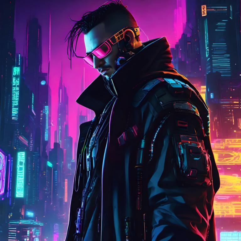 Cyberpunk,Cyberpunk, Menschen, Mann, 1Junge, männlicher Fokus, Solo, Cyberpunk, Neonlichter, Jacke, Stadt