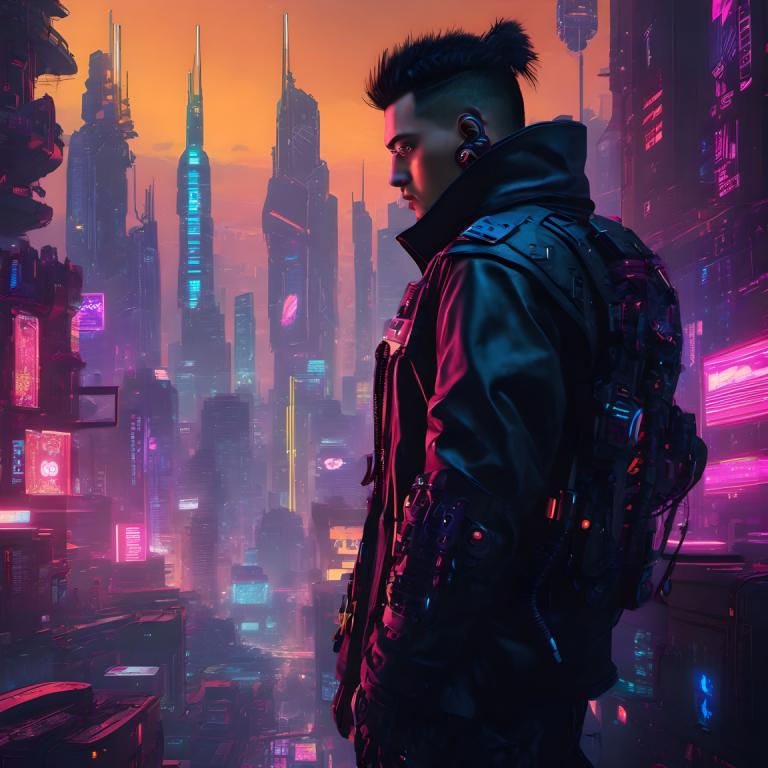 Cyberpunk,Cyberpunk, människor, man, 1 pojke, cyberpunk, neonljus, stad, manligt fokus, solo, svart hår