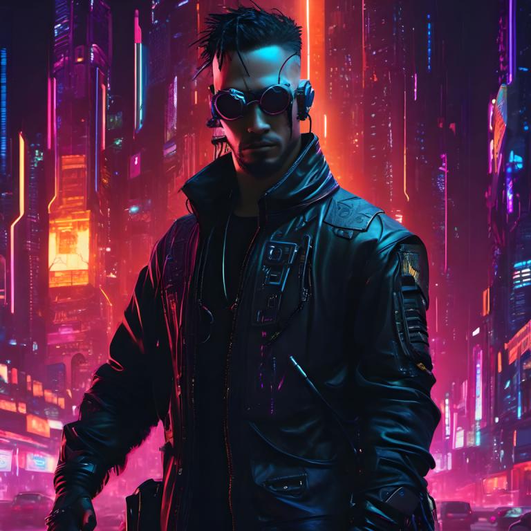 Cyberpunk,Cyberpunk, People, man, 1boy, jacket, cyberpunk, male focus, solo, neon lights, black jacket