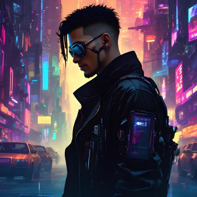 Cyberpunk,Cyberpunk, Mennesker, mand, 1 dreng, cyberpunk, mandligt fokus, jakke, sort hår, solo, by