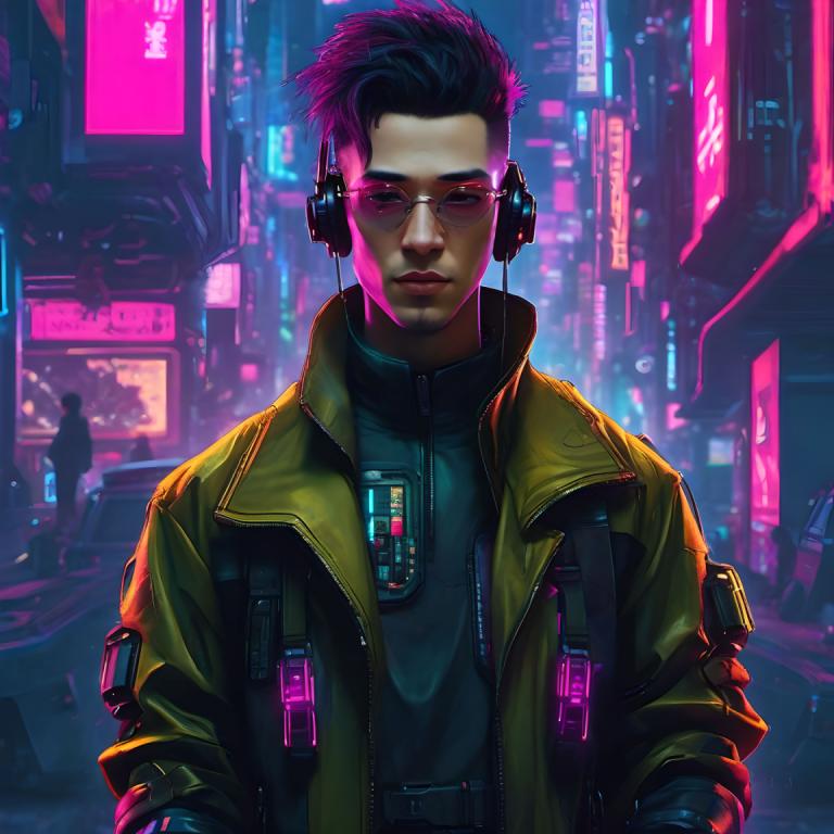 Cyberpunk,Cyberpunk, People, man, cyberpunk, jacket, neon lights, 1boy, male focus, short hair, pink hair