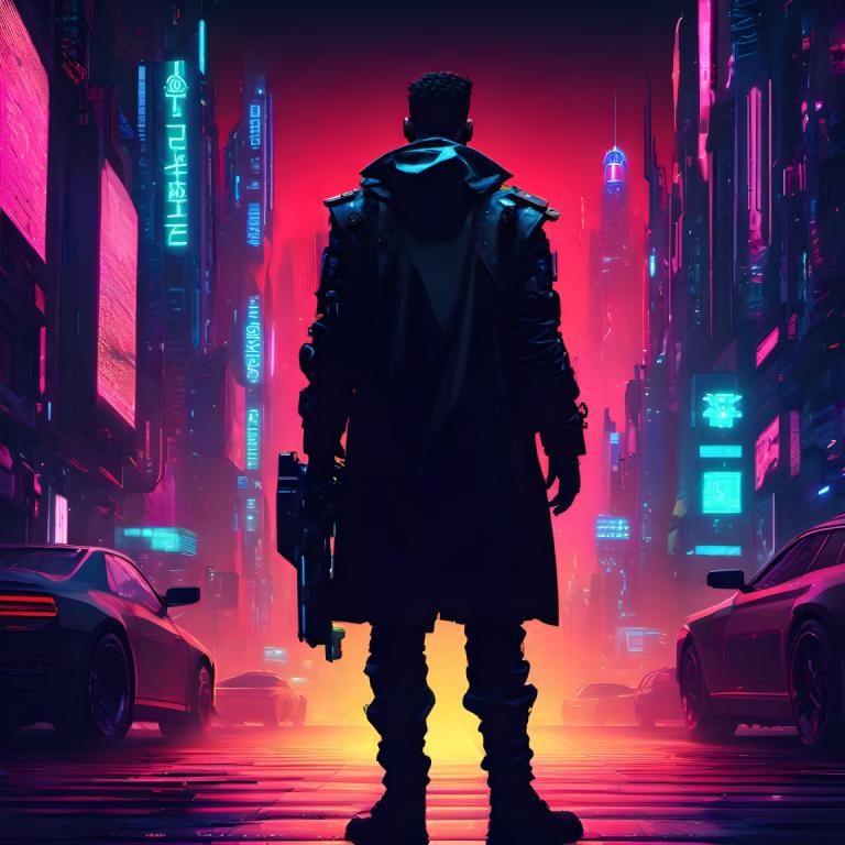 Cyberpunk,Cyberpunk, People, man, cyberpunk, 1boy, weapon, gun, motor vehicle, neon lights, car, male focus