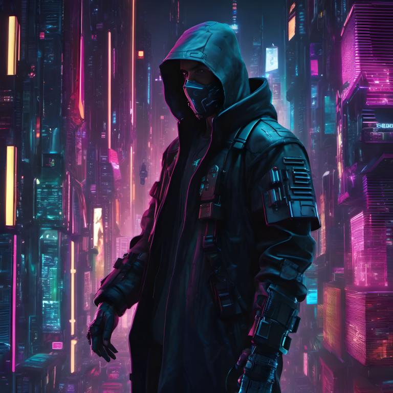 Cyberpunk,Cyberpunk, People, man, cyberpunk, 1boy, hood, solo, science fiction, male focus, city, neon lights