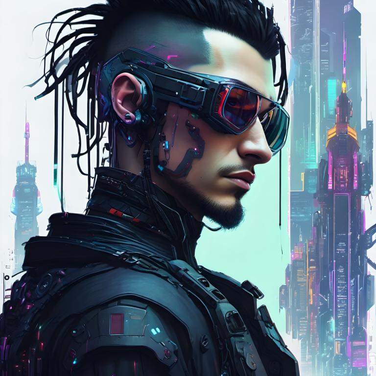 Cyberpunk,Cyberpunk, People, man, 1boy, facial hair, cyberpunk, male focus, solo, black hair, beard