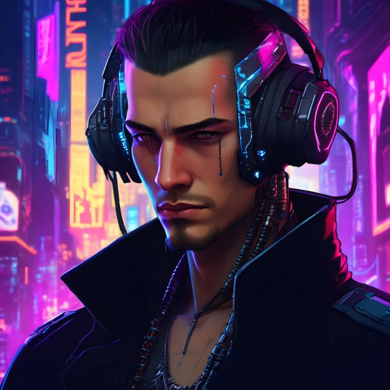 Cyberpunk,Cyberpunk, People, man, 1boy, male focus, solo, facial hair, cyberpunk, headphones, necklace