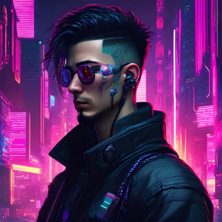 Cyberpunk,Cyberpunk, People, man, cyberpunk, 1boy, male focus, solo, jacket, neon lights, cyborg, black hair