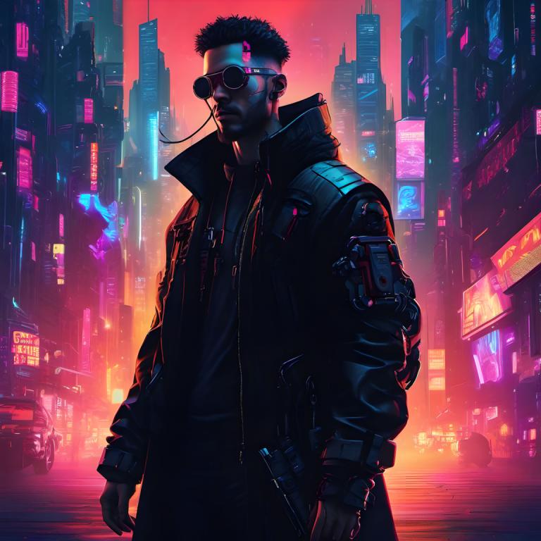 Cyberpunk,Cyberpunk, Personnes, homme, 1garçon, cyberpunk, foyer masculin, ville, veste, néons, cheveux noirs