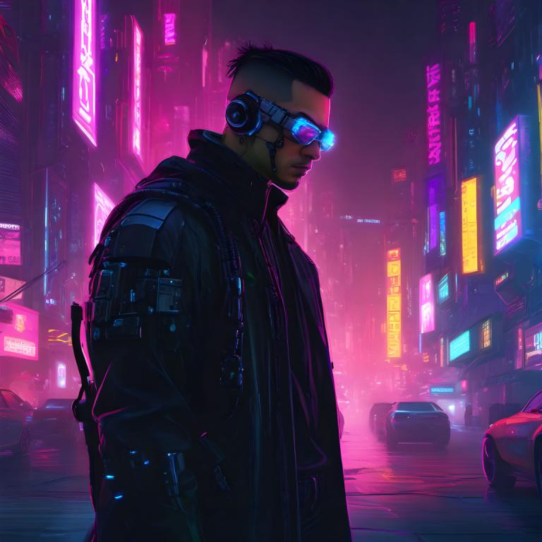 Cyberpunk,Cyberpunk, Mensen, man, 1 jongen, cyberpunk, mannelijke focus, motorvoertuig, Neon lichten, nacht