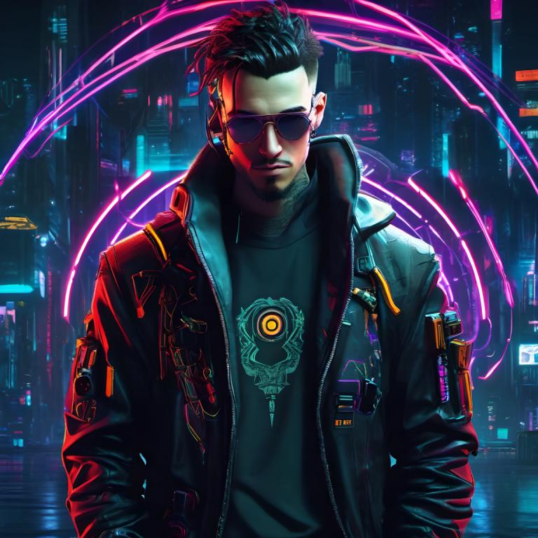 Cyberpunk,Cyberpunk, Mennesker, mand, jakke, 1 dreng, mandligt fokus, solo, neonlys, cyberpunk, solbriller