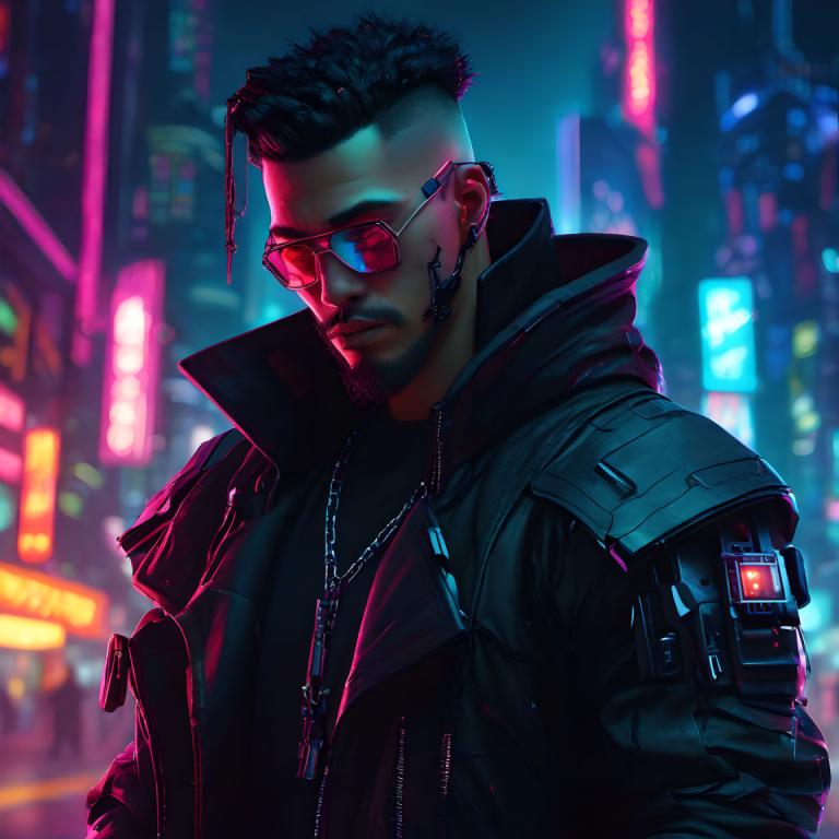 Cyberpunk,Cyberpunk, Mennesker, mand, 1 dreng, mandligt fokus, solo, ansigtshår, jakke, cyberpunk, smykker