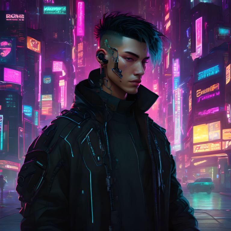 Cyberpunk,Cyberpunk, People, man, cyberpunk, 1boy, neon lights, jacket, undercut, male focus, black hair