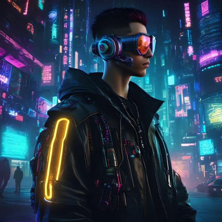 Cyberpunk,Cyberpunk, Menschen, Mann, Jacke, Cyberpunk, Neonlichter, Nacht, Stadt, 1Junge, Hologramm